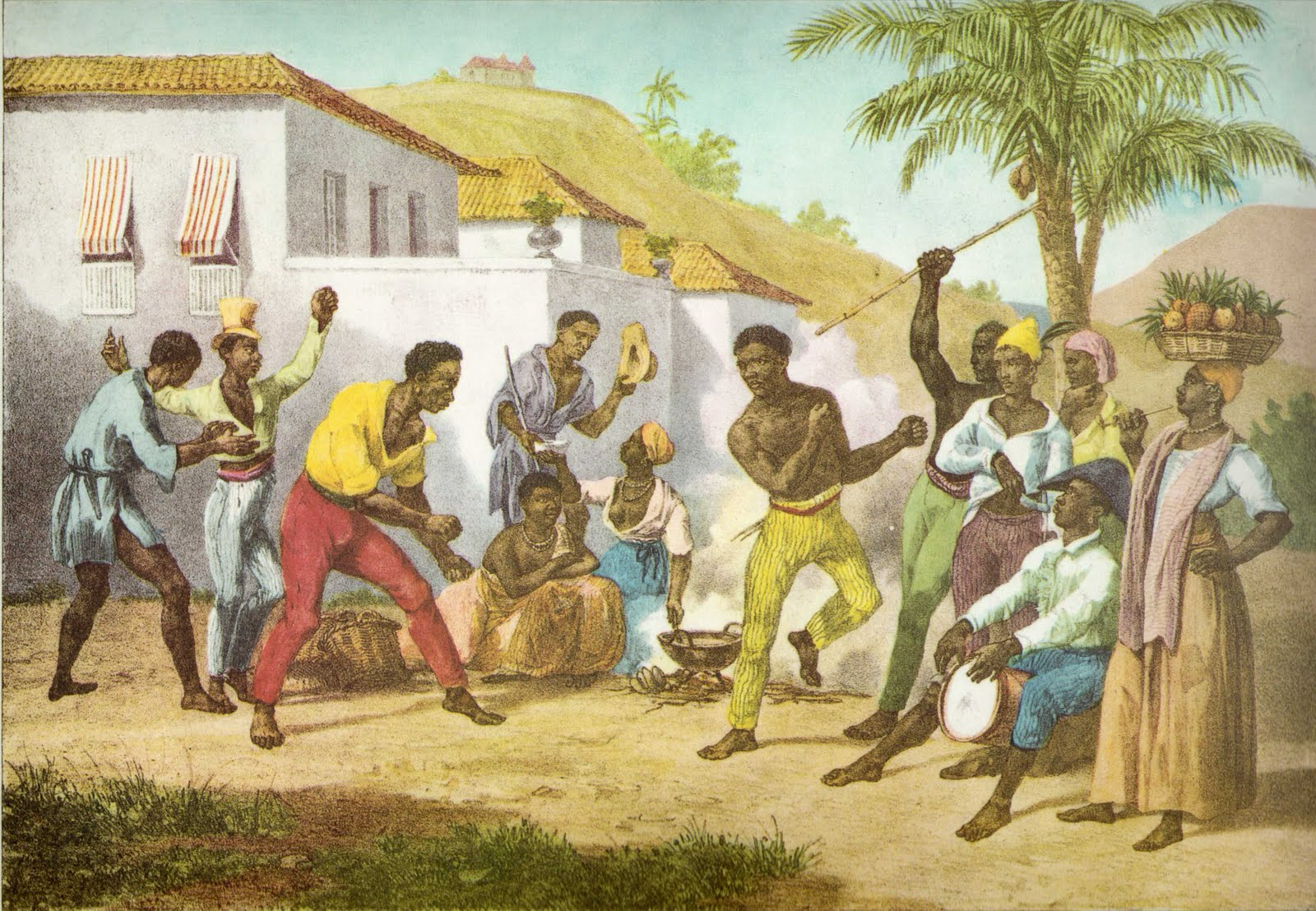 A painting of a group of people participating in a Capoeira roda.